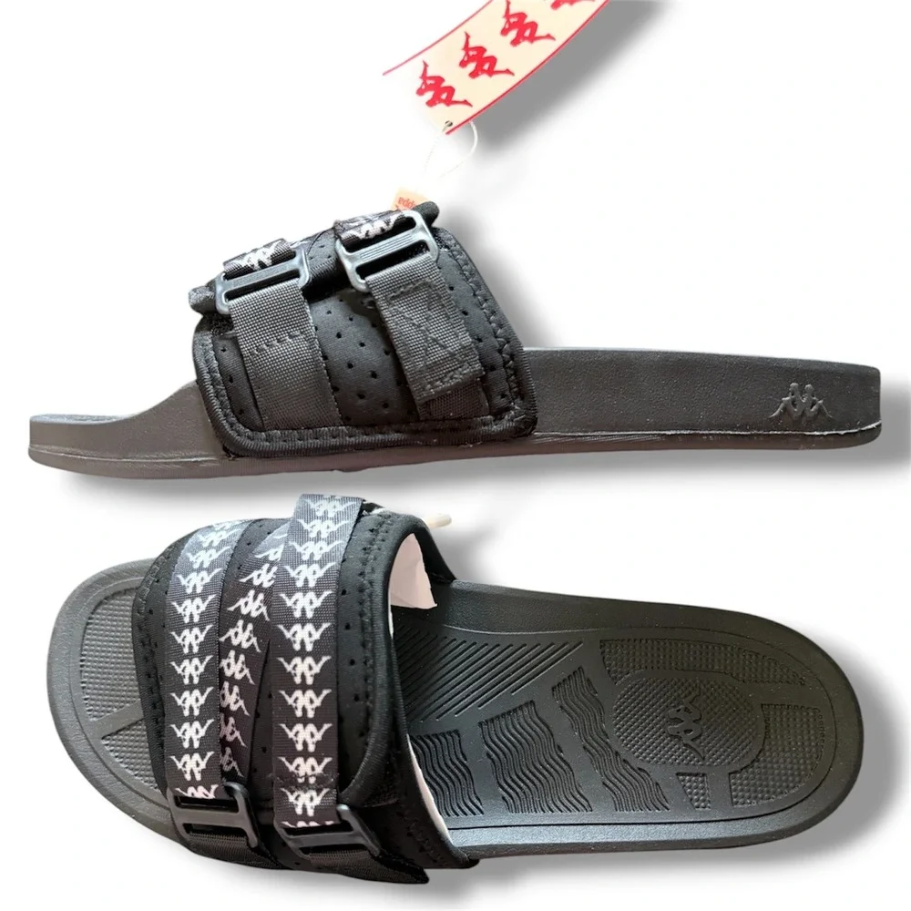 Kappa Authentic Luria 1 Mens Black White Logo Buckle Slide Sandals Sz 10 NEW